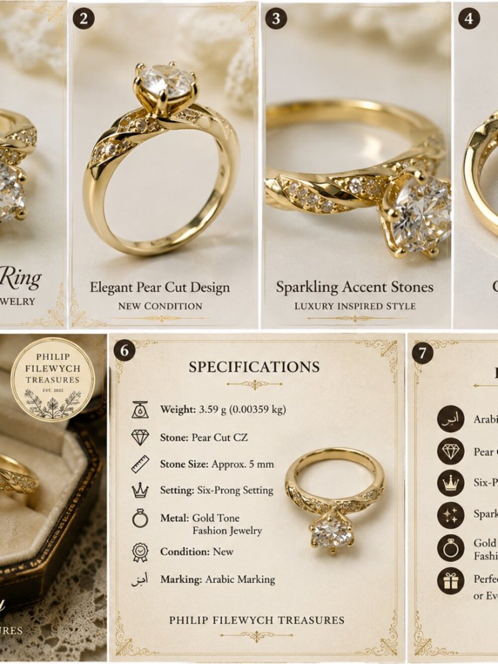 Ring-35-CZ-GT-7-Elegant Pear Cut CZ Statement Ring Gold Tone Fashion Jewelry